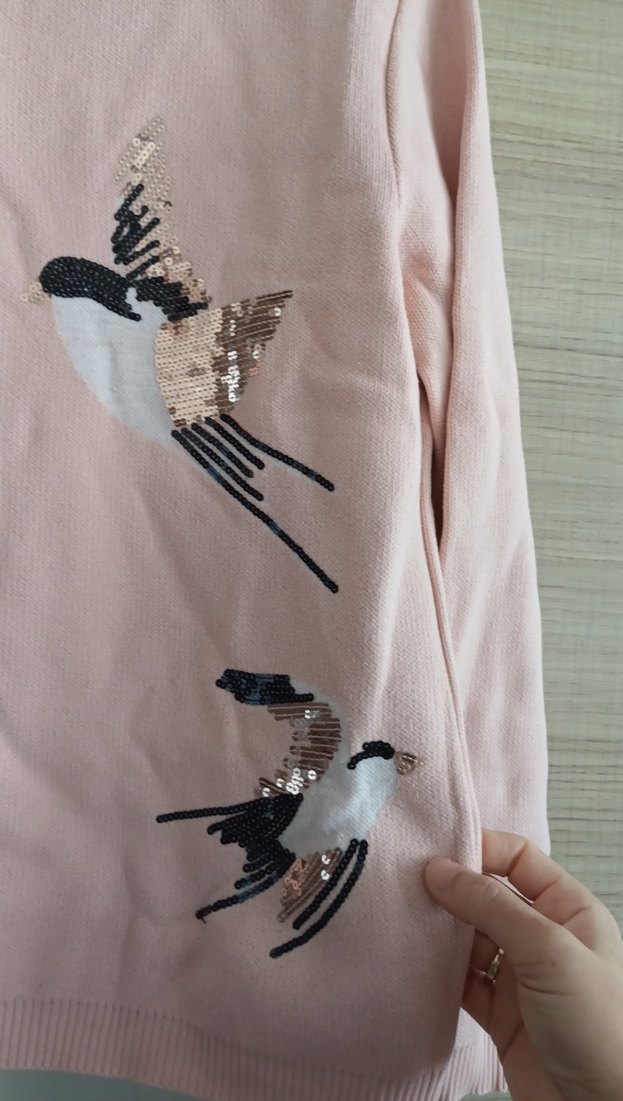 Pembe Kuş Desenli Örgü Kadın Kazak - Görsel 5