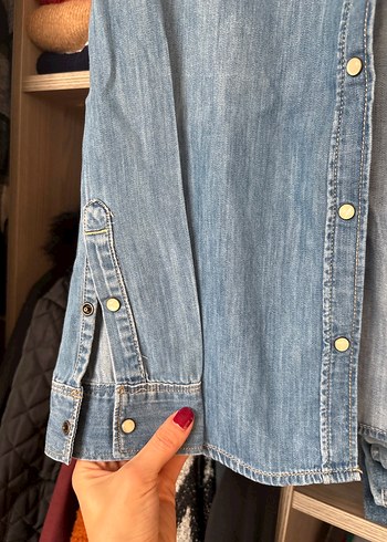 s Beden gri Renk Düğmeli Gri Denim Kadın Gömlek