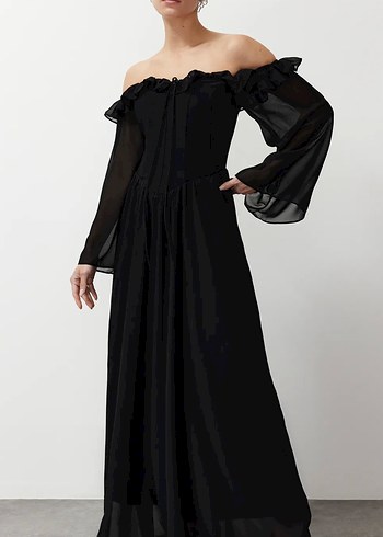 Siyah Uzun Kollu Uzun Elbise - Görsel 3