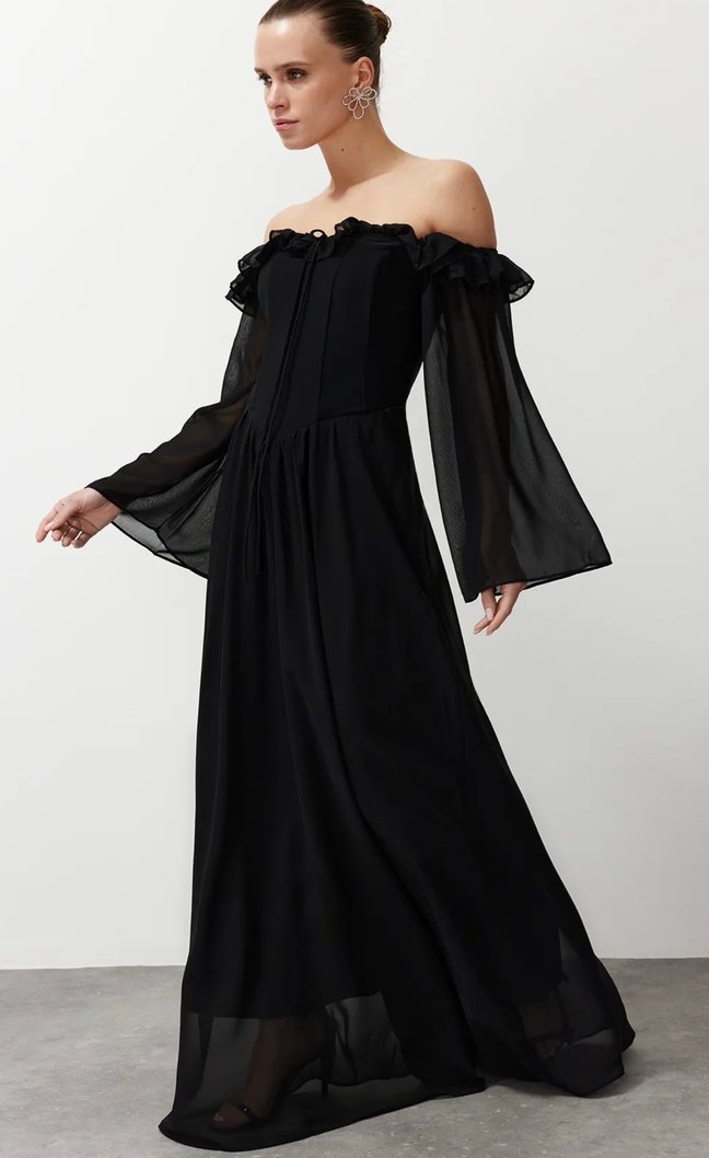 Siyah Uzun Kollu Uzun Elbise - Görsel 2