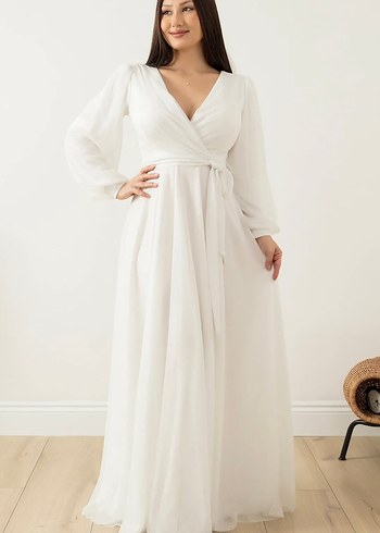 V Yaka Beyaz A Kesim Uzun Gelinlik - Görsel 3