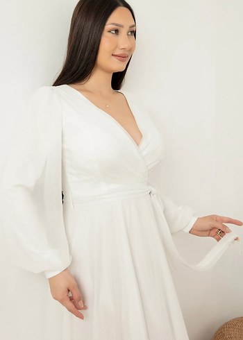 V Yaka Beyaz A Kesim Uzun Gelinlik - Görsel 4