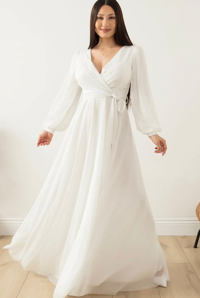 V Yaka Beyaz A Kesim Uzun Gelinlik - Görsel 2