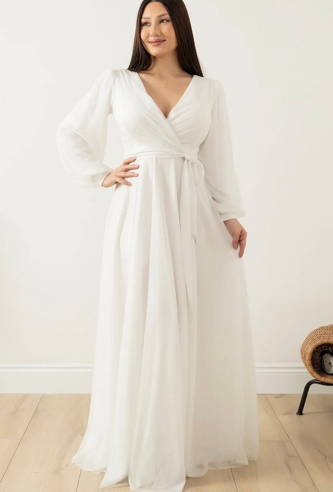 V Yaka Beyaz A Kesim Uzun Gelinlik - Görsel 3