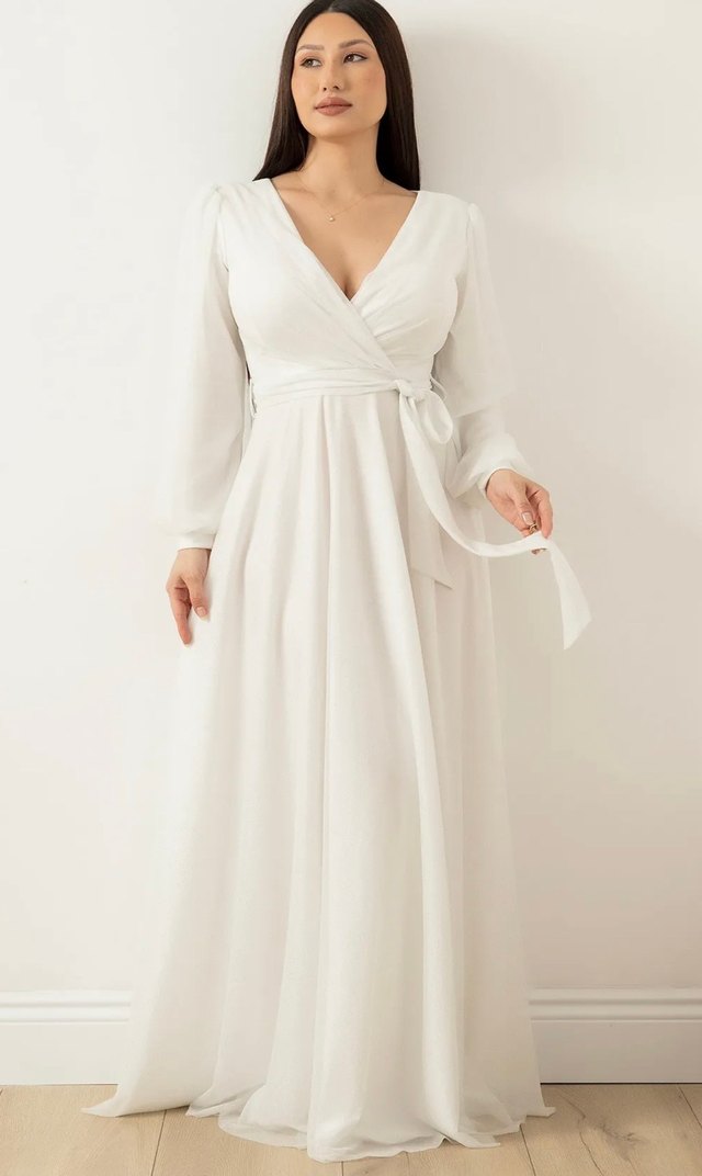 V Yaka Beyaz A Kesim Uzun Gelinlik - Görsel 5