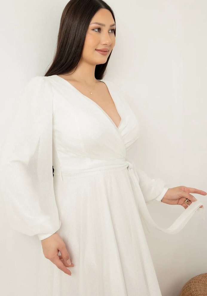 V Yaka Beyaz A Kesim Uzun Gelinlik - Görsel 4