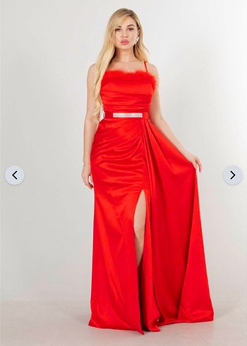 Kırmızı Saten Kuyruklu Abiye  - Görsel 3