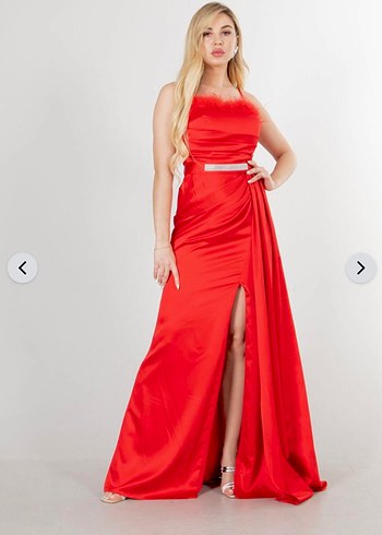 Kırmızı Saten Kuyruklu Abiye  - Görsel 4