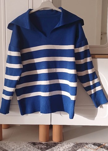 Mavi Çizgili V Yaka Kadın Kazak - Görsel 6