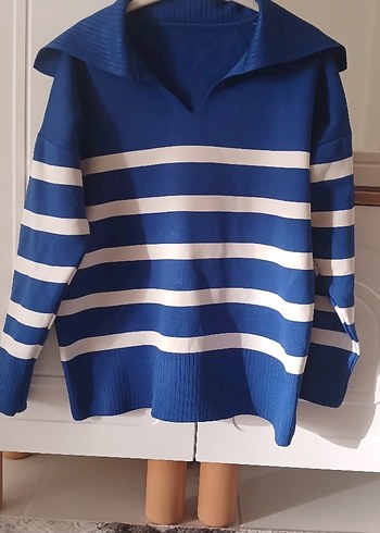 Mavi Çizgili V Yaka Kadın Kazak - Görsel 5