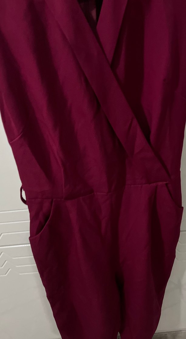 Bordo Drapeli Kolsuz Kadın Tulum - Görsel 3