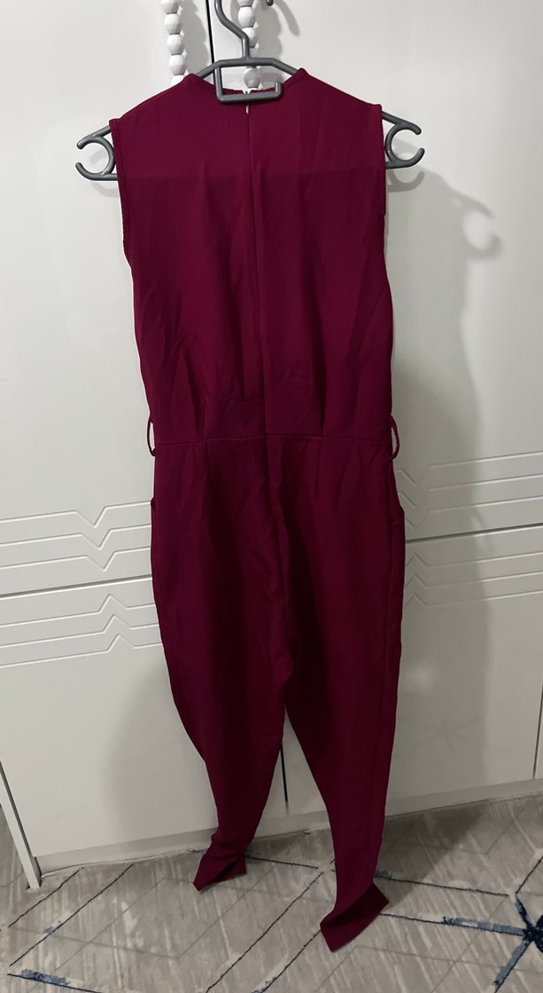 Bordo Drapeli Kolsuz Kadın Tulum - Görsel 4