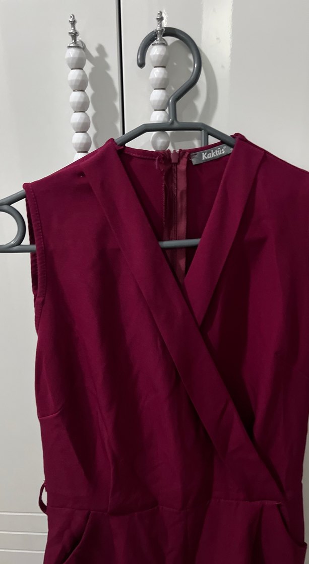 Bordo Drapeli Kolsuz Kadın Tulum - Görsel 2