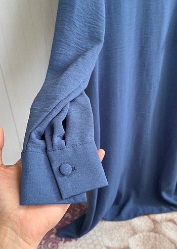 Mavi Uzun Kesim Keten Kadın Tunik - Görsel 2