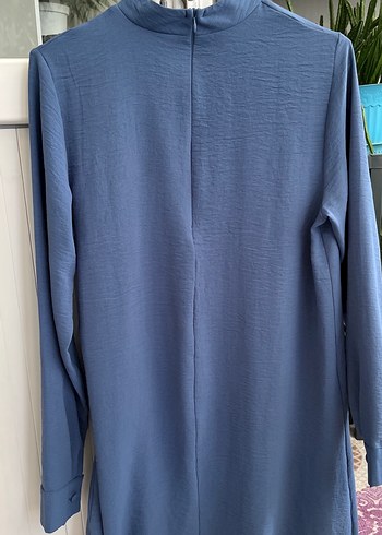 Mavi Uzun Kesim Keten Kadın Tunik - Görsel 4