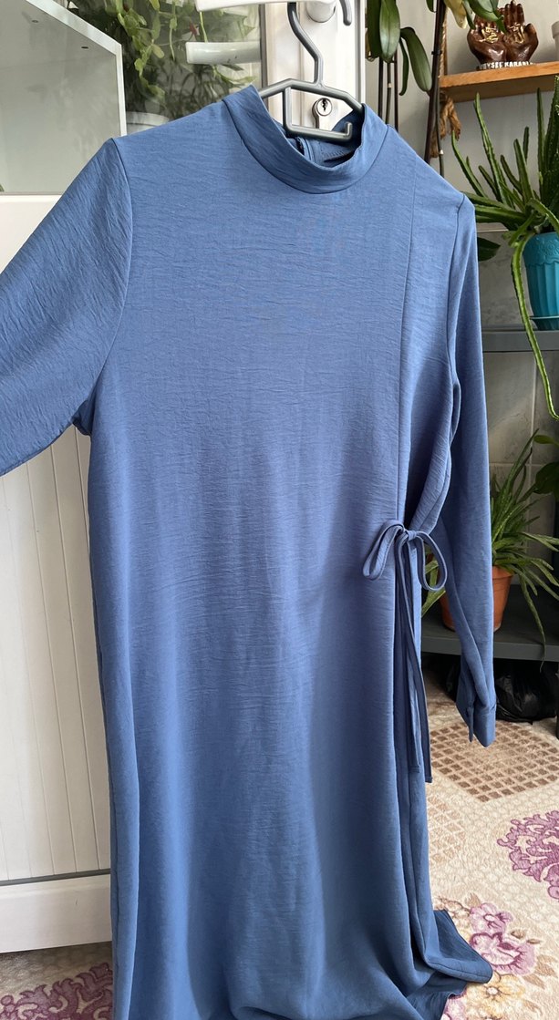Mavi Uzun Kesim Keten Kadın Tunik - Görsel 3