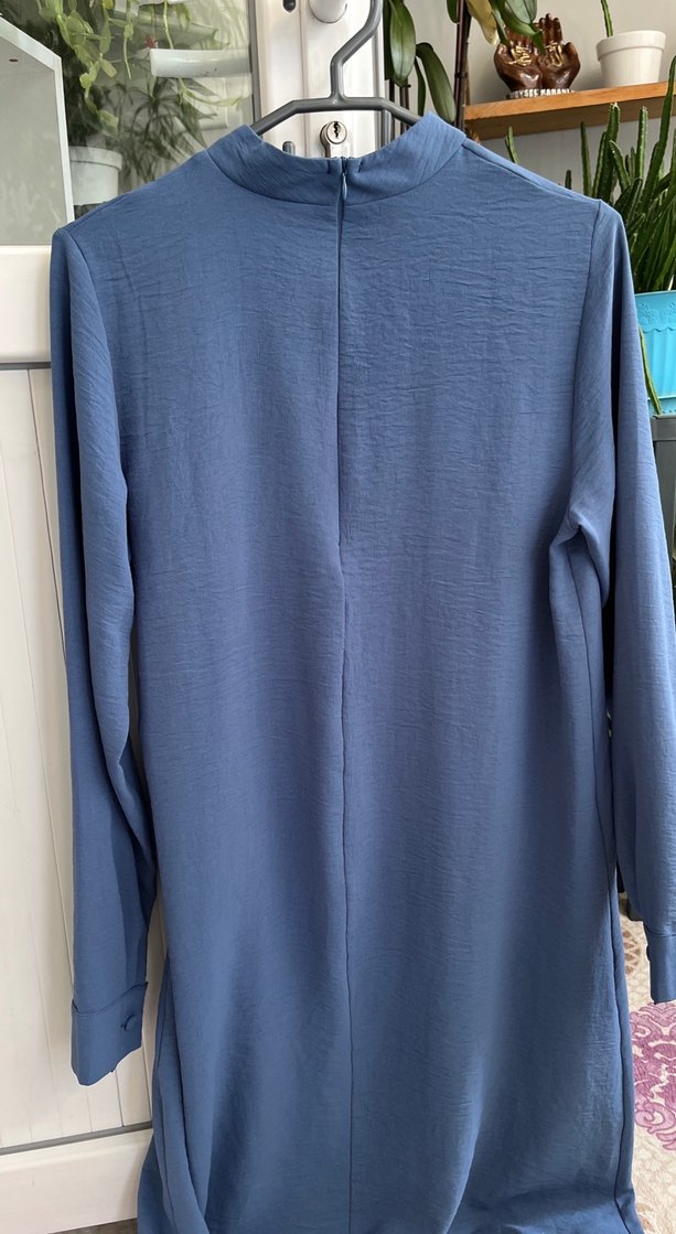 Mavi Uzun Kesim Keten Kadın Tunik - Görsel 4