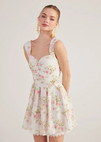 Pembe Çiçekli Vintage Mini Elbise
