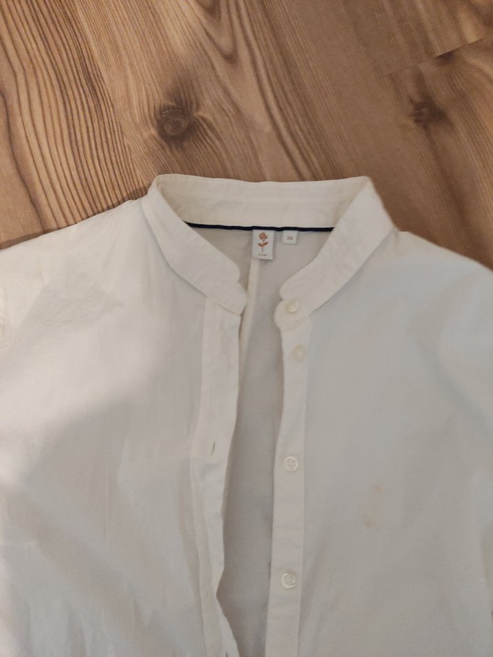 Düğmeli Beyaz Keten Uzun Kollu Gömlek hakim yaka - Görsel 2