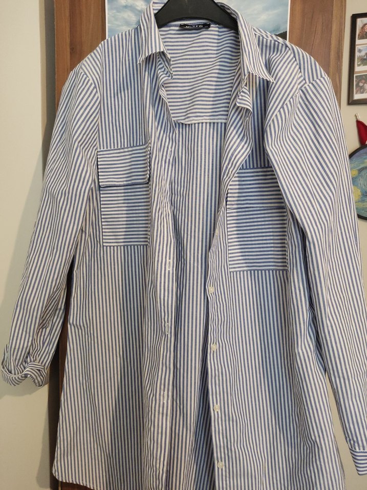 Düğmeli Çizgili Mavi Keten Kadın Gömlek - Görsel 3