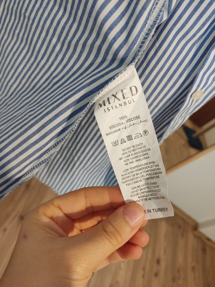 Düğmeli Çizgili Mavi Keten Kadın Gömlek - Görsel 4