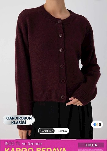 Bordo Düğmeli Triko Kadın Hırka