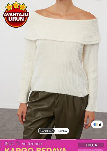 Kadın Ekru Madonna Yaka Triko Kazak - Görsel 2