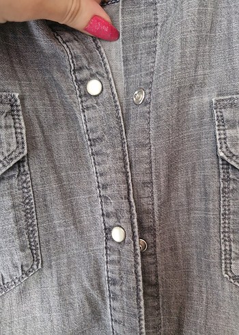 Gri Kot Kadın Gömlek, Bol Kesim, Uzun Kollu - Görsel 7