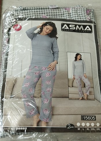 Gri Çiçek Desenli Uzun Kollu Kadın Pijama Takımı