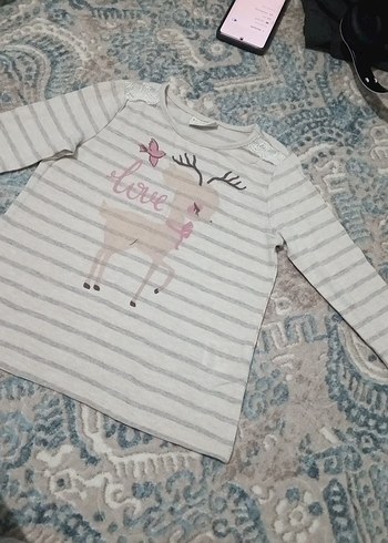 Bej Gri Çizgili Kız Uzun Kollu Tişört - Görsel 2