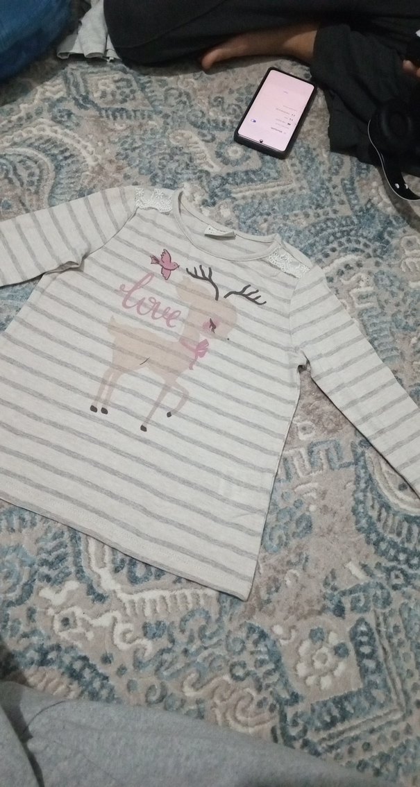 Bej Gri Çizgili Kız Uzun Kollu Tişört - Görsel 2