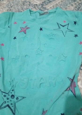 Kız Çocuk Turkuaz Parlak Yıldız Baskılı Tişört - Görsel 2