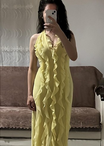 Trendyol & Milla Sarı Drapeli Uzun Fırfırlı Elbise