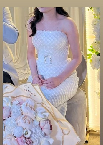 Straplez Midi Beyaz Prenses Gelinlik - Görsel 2