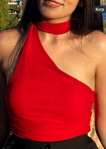 Drapeli Kırmızı V Yaka Kadın Bluz - Görsel 2