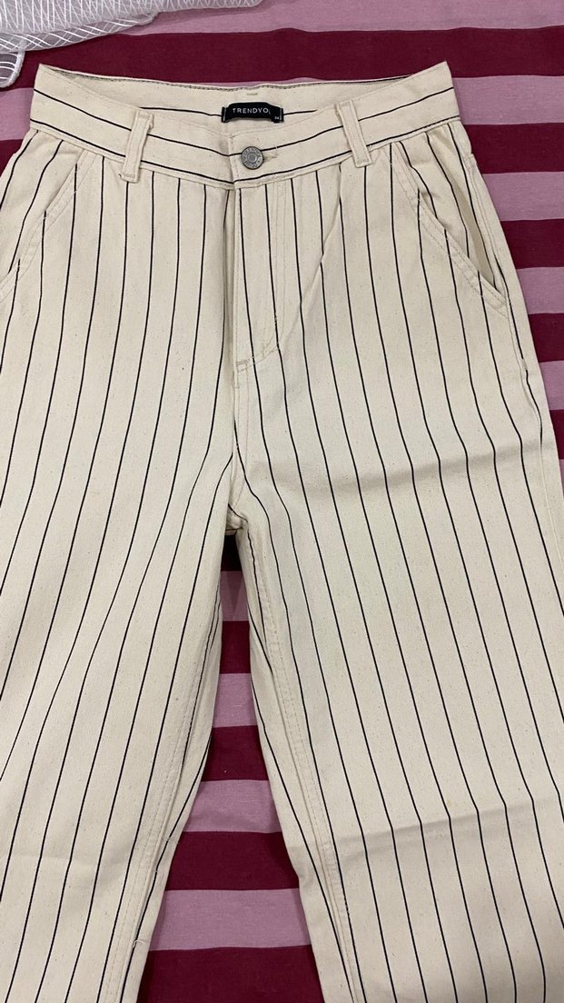 Bej Çizgili Kadın Jean Pantolon - Görsel 3