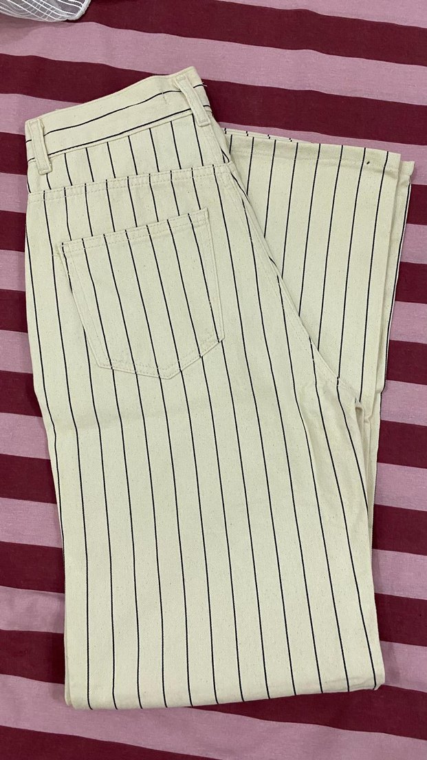 Bej Çizgili Kadın Jean Pantolon - Görsel 2