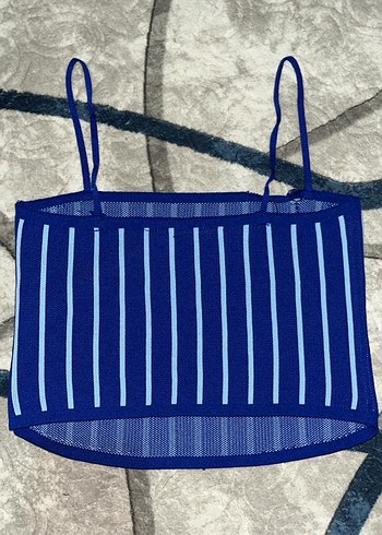 xs Beden Çizgili Mavi İnce Askılı Triko Crop Top