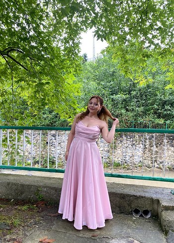 Pudra Pembe Drapeli Uzun Mezuniyet Elbisesi - Görsel 3