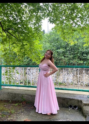 Pudra Pembe Drapeli Uzun Mezuniyet Elbisesi - Görsel 2