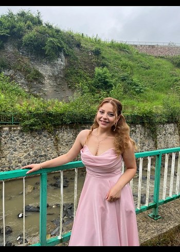 Pudra Pembe Drapeli Uzun Mezuniyet Elbisesi