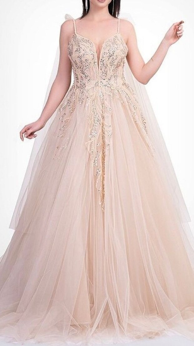 İşlemeli V Yaka Bej Uzun Abiye Elbise - Görsel 5