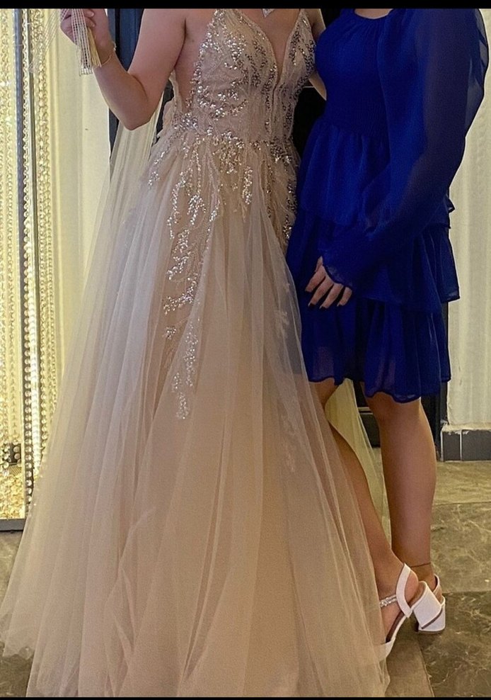 İşlemeli V Yaka Bej Uzun Abiye Elbise - Görsel 3