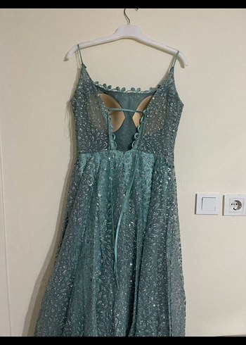 Turkuaz Straplez Uzun Abiye Elbise - Görsel 4