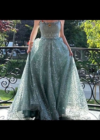 Turkuaz Straplez Uzun Abiye Elbise - Görsel 2