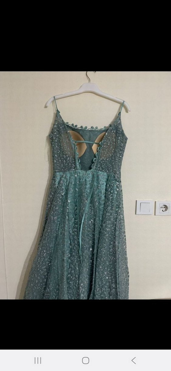 Turkuaz Straplez Uzun Abiye Elbise - Görsel 4