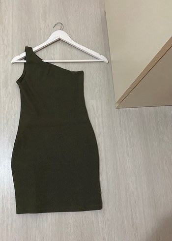 Tek Omuzlu Haki Mini Elbise