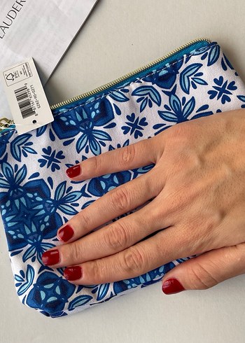Estee Lauder Mavi Desenli Fermuarlı Kadın Makyaj Çantası