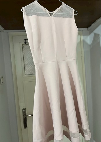 Bej Midi Drapeli Kolsuz Ofis Elbisesi - Görsel 2