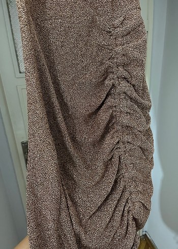 Drapeli Kahverengi Midi Abiye Elbise - Görsel 3